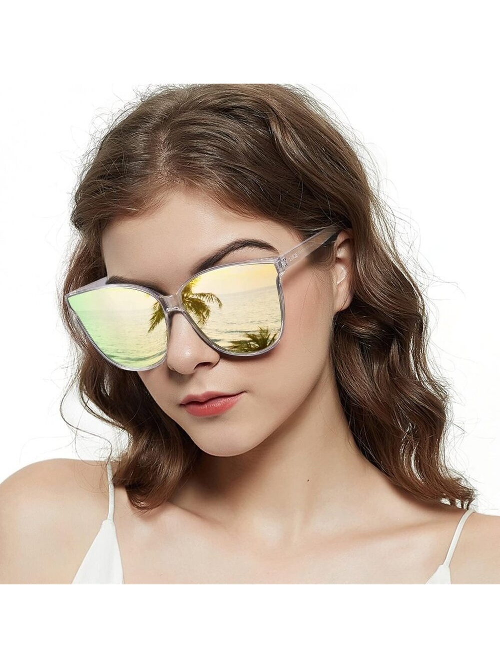 Women's A12 Transparent Gold Mirrored Polarized Lens Stylish Cat Eyes Sunglasses